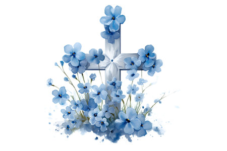 Cross with blue flowers. Hand drawn watercolor illustration on white backgroundの素材