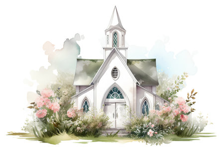 Watercolor church with flowers. Hand drawn illustration on white background.の素材