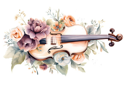 Beautiful vector image with nice watercolor violin and roses bouquetの素材