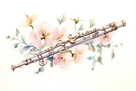 Watercolor illustration of a flute with flowers. Isolated on white background.の素材