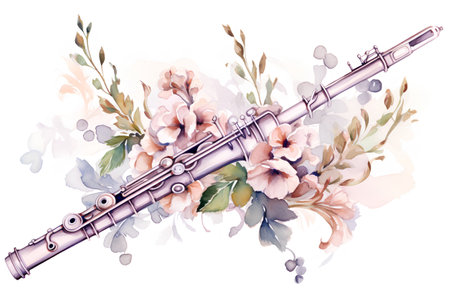 Watercolor flute with flowers. Hand painted watercolor illustration.の素材