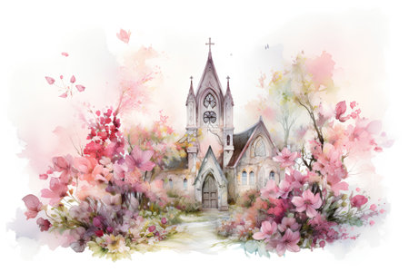 Watercolor church with blooming spring flowers. Hand drawn illustration.の素材
