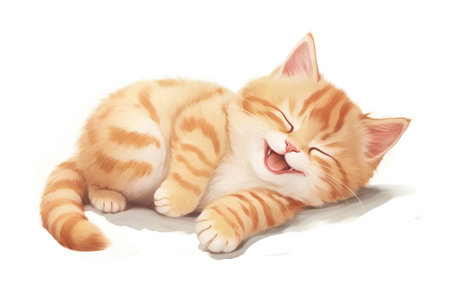 Cute ginger kitten lying on a white background. Vector illustration.の素材