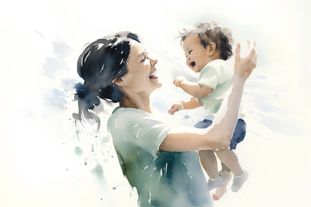 Happy mother and her baby on white background. Digital watercolor paintingの素材