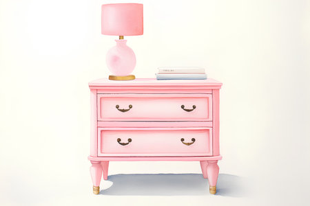 Pink nightstand with lamp and books on it. 3d illustrationの素材