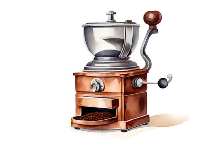 Coffee grinder with coffee beans. Watercolor hand drawn illustrationの素材