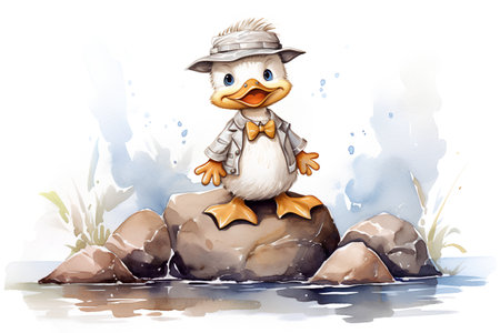 Cute cartoon duck on the rock. Watercolor hand drawn illustrationの素材