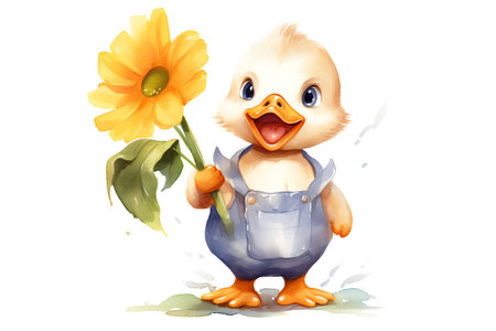 Cute duckling with a yellow flower. Watercolor illustration.の素材