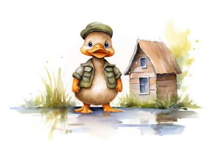 Hand drawn watercolor illustration of a duck in a cap and a green jacket standing near a houseの素材