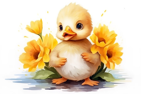 Cute baby chicken with flowers on white background. Vector illustration.の素材