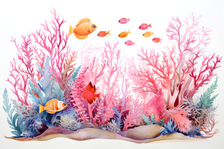Underwater world with corals and fish. Watercolor illustration.の素材