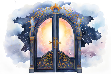 Watercolor illustration of a beautiful winter landscape with a large wooden door.の素材