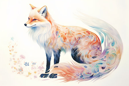 Vector image of a fox on a white background with floral elements.の素材