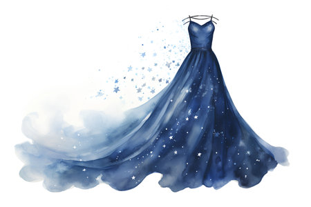 Watercolor illustration of a blue dress on a white background with starsの素材