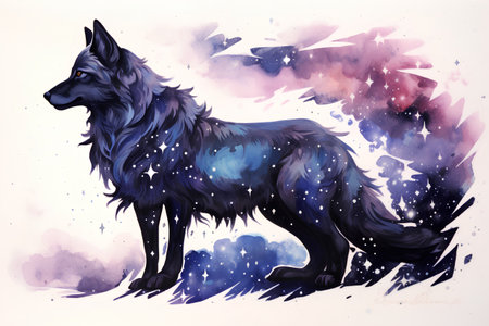 Watercolor illustration of a wolf on a background of the starry sky.の素材