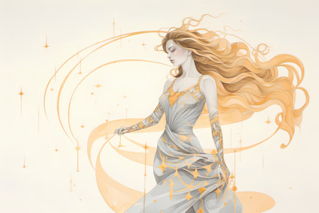 Fashion illustration of a beautiful woman in a long dress. Elegant girl with long hair.の素材