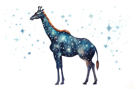 Watercolor illustration of a giraffe on a white background with starsの素材