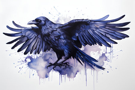 Hand drawn vector illustration of a raven in watercolor splashes.の素材