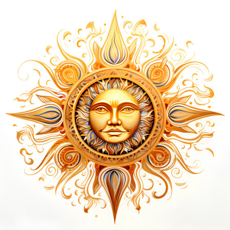 Golden sun with face of buddha on white background. Vector illustrationの素材