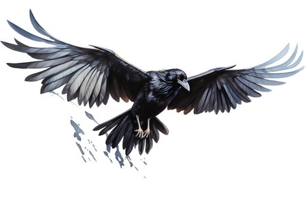 Black crow flying isolated on white background. 3D rendering and illustration.の素材