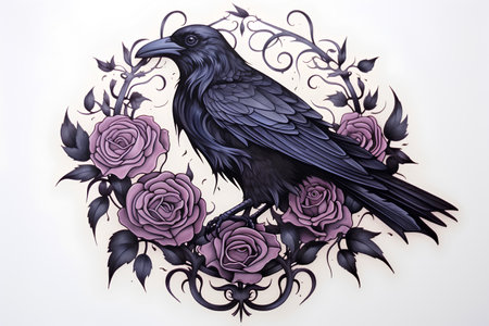 Crow and roses. Hand drawn illustration. Tattoo art.の素材