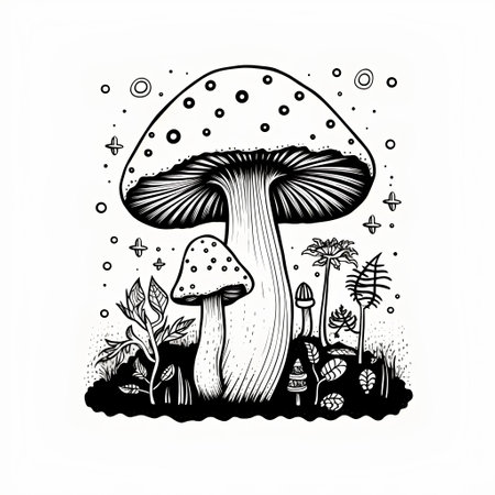 Mushroom in the forest. Black and white vector illustration.の素材