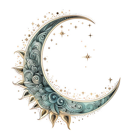 Hand drawn crescent moon and stars on white background. Vector illustration.の素材