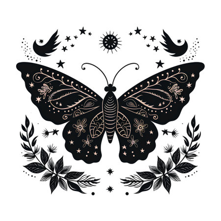 Butterfly with wings, stars and flowers. Black and white vector illustration.の素材