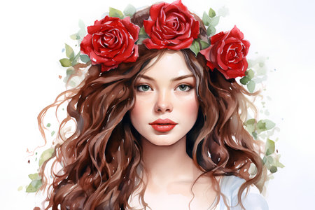 Closeup portrait of beautiful young woman with long wavy hair and red roses in her hair.の素材