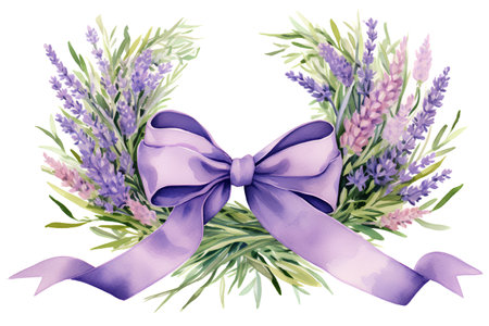 Watercolor lavender wreath with bow and ribbon on white backgroundの素材