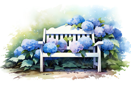 Wooden bench with hydrangea flowers. Watercolor illustration.の素材