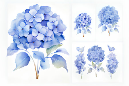 Set of blue hydrangea flowers on white background. Vector illustrationの素材