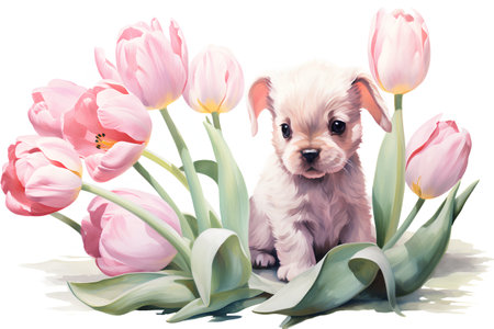 Cute puppy with pink tulips. Vector watercolor illustration.の素材