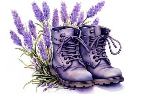 Watercolor illustration of a pair of hiking boots and lavender flowers.の素材