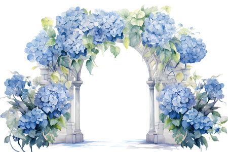 Watercolor floral arch with blue hydrangea flowers isolated on white background.の素材