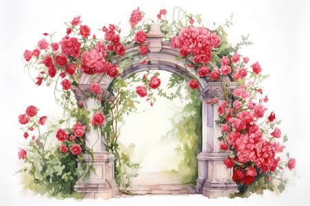 Watercolor floral arch with red roses on white background. Hand drawn illustrationの素材