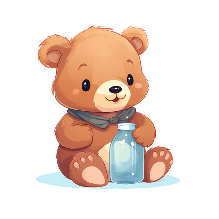 Cute teddy bear with a bottle of water. Vector illustration.の素材