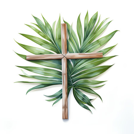 Wooden cross with palm leaves isolated on white background. Vector illustration.の素材