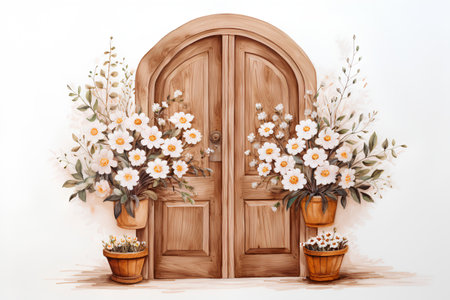 Wooden door with flowers. Vector illustration in watercolor style.の素材