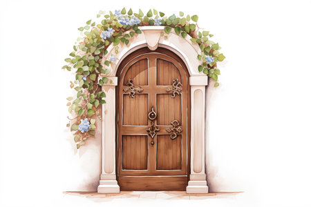 Wooden door with ivy and flowers. Watercolor illustration.の素材