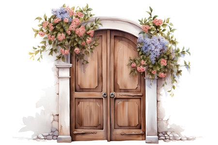 Wooden door decorated with flowers, watercolor illustration on white backgroundの素材