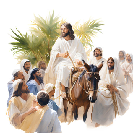 Religious theme: Jesus Christ riding a horse, surrounded by people, isolated on white backgroundの素材