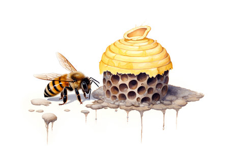 Honeycomb and bee on white background. Watercolor illustration.の素材