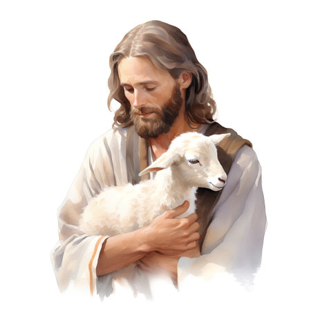 Jesus Christ with lamb isolated on white background. Watercolor illustration.の素材