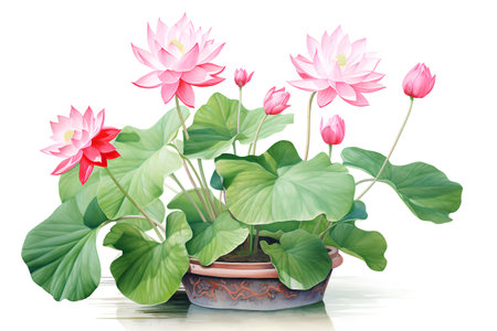 Lotus flower in pot isolated on white background. Vector illustration.の素材