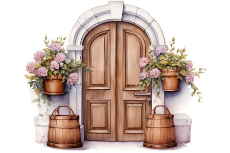 Watercolor wooden door with flowers in pots. Hand drawn illustration.の素材