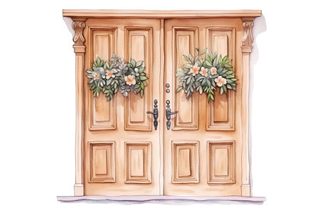 Wooden door with flowers. Watercolor illustration on white background.の素材