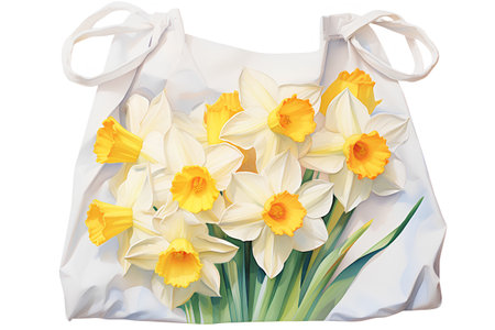Eco bag with daffodils on a white background.の素材