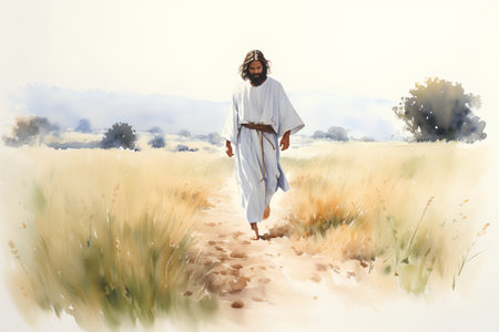 Digital watercolor painting of Jesus Christ walking in the wheat field.の素材