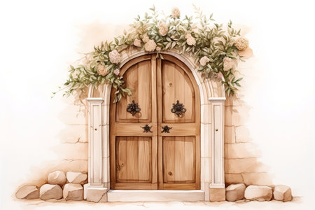 Wooden door decorated with flowers and ivy. Watercolor illustrationの素材